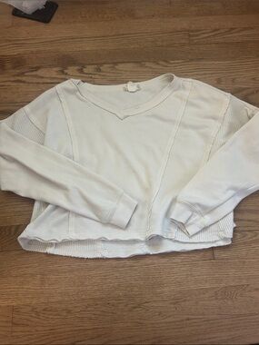 Altar’d State Cropped Ivory Waffle-Panel Pullover